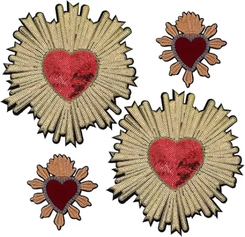 4pcs Large Sequin Heart Flowers Iron on Patches Embroidered Motif Applique Decoration Sew On Patches Custom Patches for DIY Jeans, Jacket, Women's Clothing, Bag, Caps, Arts Craft (Heart Flower 4pcs)