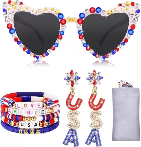 4th of July Accessories for Women, Patriotic Heart Sunglasses, Independence Day Party Supplies Favors Decorations