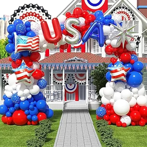 4th of July Balloons Set, 128Pcs Red White and Blue Balloon Garland Kit with USA Flag Foil Balloon for Nautical Veterans Memorial Day Labor Day Patriotic Flag Theme Party Independence Day Decorations