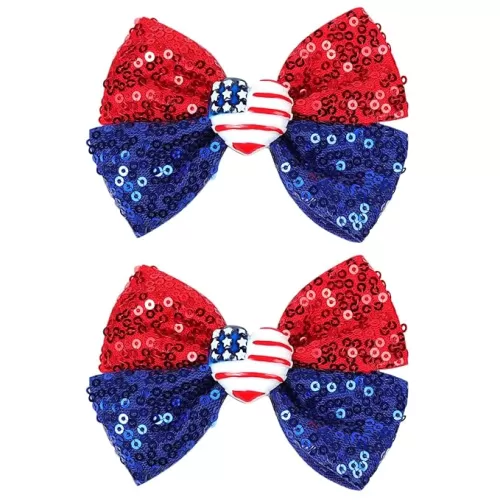 4th of July Bow Hair Clips Glitter Sequin Hair Barrettes with American Flag Heart Red Blue Bows Hair Pins Patriotic Hair Accessories for Women Girl Independence Day Parade Party Supplies 2Pcs