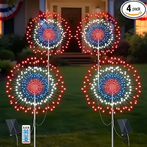 4th of July Decorations Firework Solar Lights Outdoor, 8 Modes & Timer Remote Red White and Blue Patriotic Lights with 180 LED for Garden Yard Patio Pathway Lawn Fourth of July Decor(2 Set of 2 Pack)