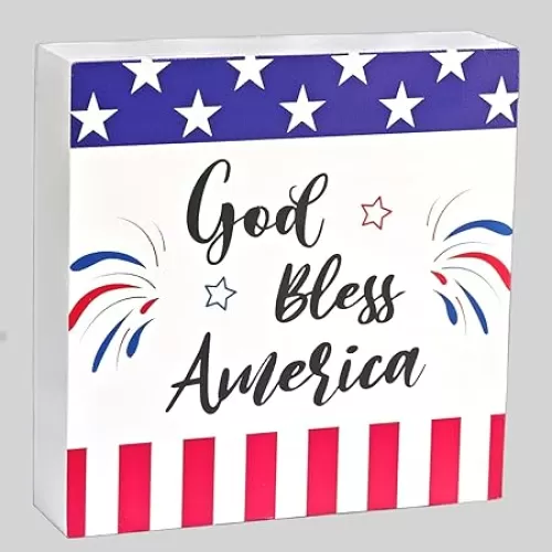 4th of July Decorations Patriotic Table Decor Red White and Blue Decorations for Home Fourth of July Room Bless Wooden Sign 5.9 x 5.9 Inch