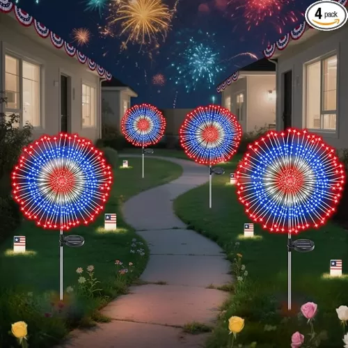 4th of July Decorations Solar Firework Lights, 4 Pack 180LED Red White Blue Lights with 8 Mode, 800mAh Solar Garden Light Outdoor Waterproof Sparklers Light for Patriotic Decorations, July 4th Decor