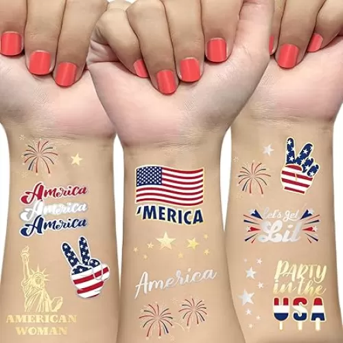 4th of July Decorations Tattoos for Women | 34 Styles Glitter Patriotic USA Flag Tattoo Stickers | Independence Day, Memorial Day & Labor Day Body Art | Red White Blue Party Decorations
