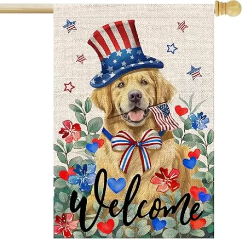 4th of July Dog House Flag 28x40 Inch Double Sided Outside America Stars Hearts Eucalyptus Flowers Independence Day Welcome Holiday Outdoor Yard Patriotic Decoration