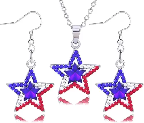 4th of July Earring Necklace for Women Independence Day Jewelry Set Dainty Rhinestone Sparking Star Heart Necklace Red White and Blue Memorial Day Patriotic American Flag Earrings Accessorie Outfits