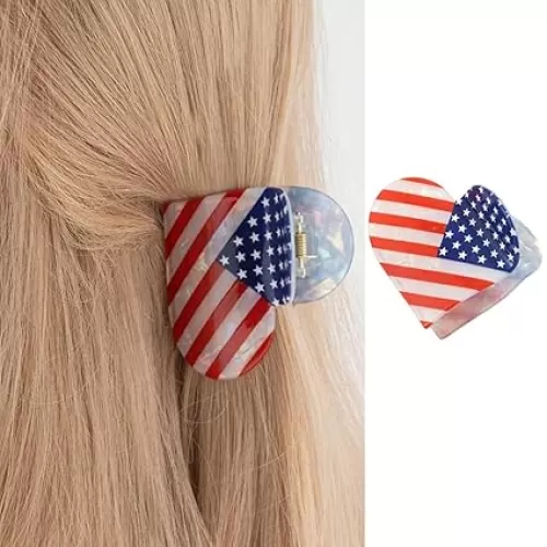 4th of July Hair Claw Clips American Flag Hair Clips Heart Shape Acrylic Hair Catch Clamps Independence Day Hair Accessories Patriotic Hair Barrettes Cute Hairpin Strong Hold Styling Jaw Clip