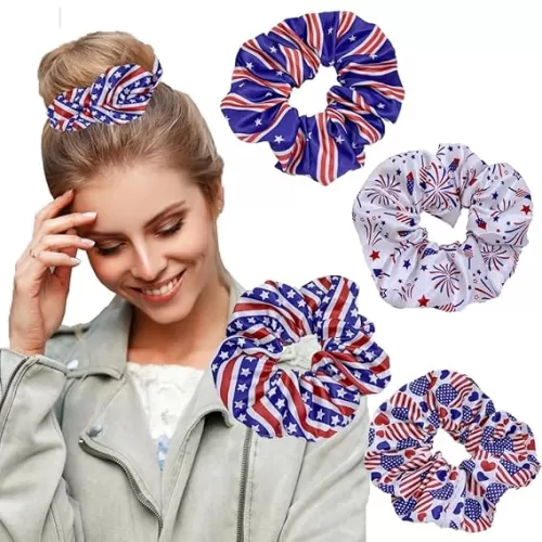 4th of July Hair Scrunchies for Women - 4 Packs Independence Day Elastic Hair Ties USA American Flag Firework Heart Design Soft Hair Bands Ponytail Holder Hair Ropes for National Day Hair Decoration