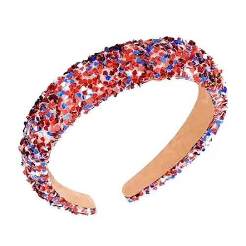 4th of July Headband for Women Girls Fourth of July Decorations Red White Blue Sequin Thick Headband