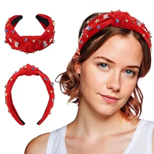 4th of July Headband for Women, Patriotic Knotted Head Band with Star Rhinestone American Flag, Fourth of July Hair Bands Red White Blue Hair Accessories for Independence Day Party Favors, Gifts