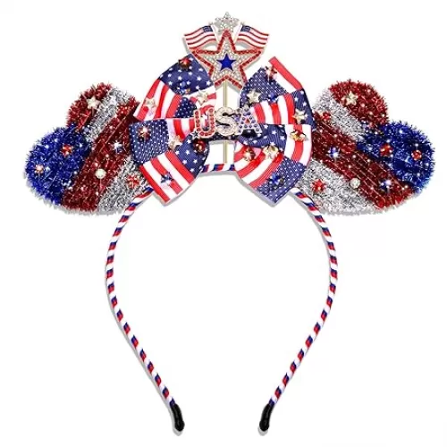 4th of July Headband Glitter Red White Blue Sequins Heart Bow American Flag USA Charm Headpiece, Fourth of July Patriotic Independance Day Parade Hair Accessories Gift