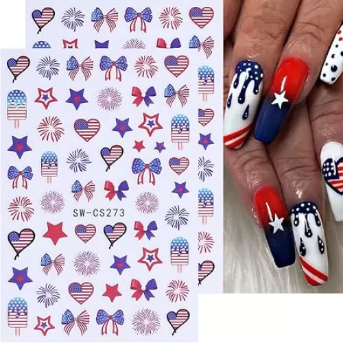 4th of July Nail Art Stickers - Independence Day US Flag Heart Star Fireworks Design 3D Self Adhesive Nail Stickers Acrylic Nail Decals Accessories Nail Art Supplies for Women DIY 2 Sheets