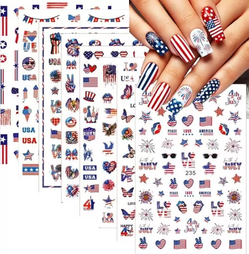 4th of July Nail Stickers Independence Day Nail Decals Self-Adhesive Red Blue American Flag Nail Designs Embossed Heart Star Lips Eagle Summer Nail Art Decoration for Women DIY 8 Sheets