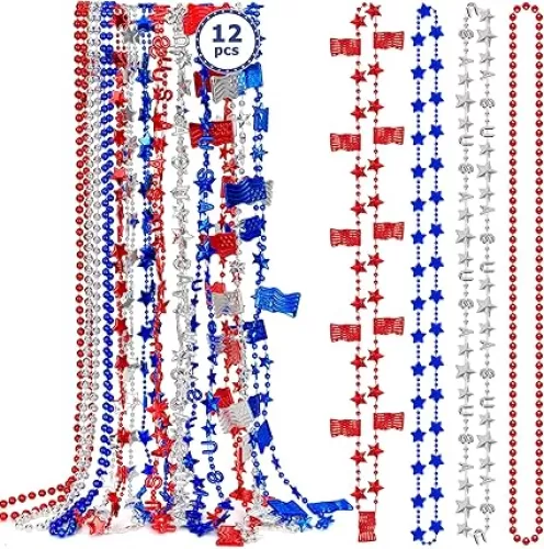 4th of July Necklace Accessories, 12PCS Fourth of July Beads Necklaces Bulk, Independence Day Red Blue White Stars USA Flags Necklace, Patriotic Bulk for Parade Party Favors Decorations