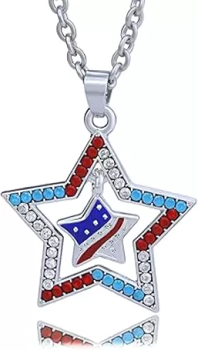4th of July Necklaces for Women Dainty Rhinestone Sparking Independence Day Necklace Star Heart Necklace Red White and Blue Memorial Day Patriotic American Flag Necklaces Jewelry Accessorie Outfits