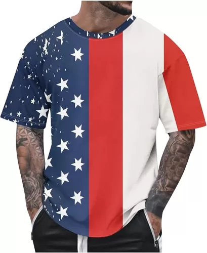 4th of July Shirts for Men American Flag Print Short Sleeve Patriotic T-Shirt Summer Plus Size Independence Tee Tops
