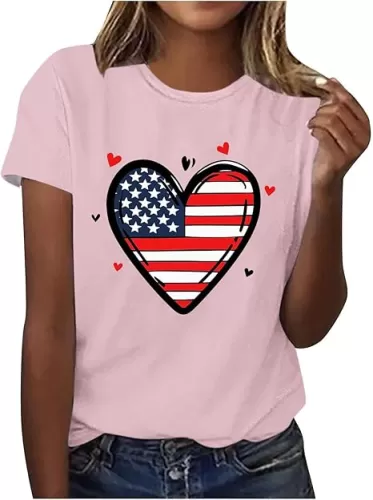 4th of July Shirts for Women Short Sleeve Patriotic Tops Heart American Flag USA Star Stripes Red White Blue Tee