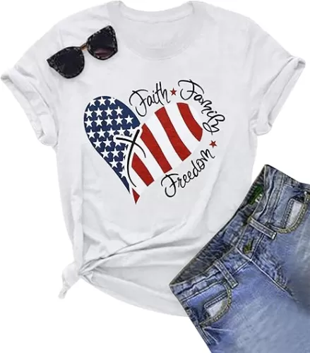 4th of July Shirts Women Faith Family Freedom Tshirt American Flag T Shirts Star Stripes Patriotic Shirts Top