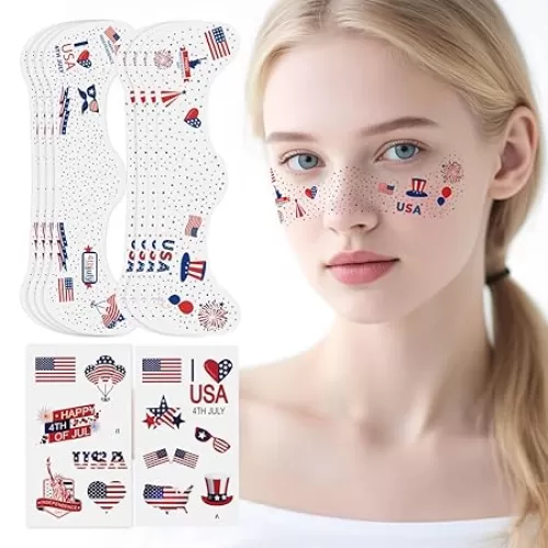 4th of July Temporary Star Freckles Patriotic Face Glitter Tattoos, Fourth of July Accessories, 4th of July Outfit for Women, USA Red White Blue Independence Day Flag Stickers, 8 PCS+13 PCS