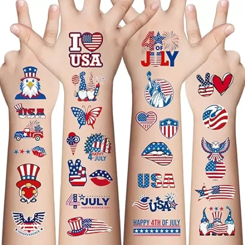 4th of July Temporary Tattoos - 80 Pcs Independence Day American Flag Red White and Blue Tattoos for Kids, Memorial Day, Labor Day, Fourth of July Party Decorations and USA Party Favors 10 Sheets