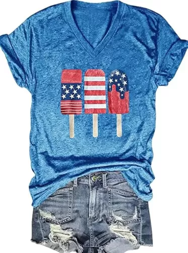 4th of July V Neck Patriotic T-Shirts Women American Flag Print Faith Family Freedom Letter Casual Short Sleeve Tee Tops