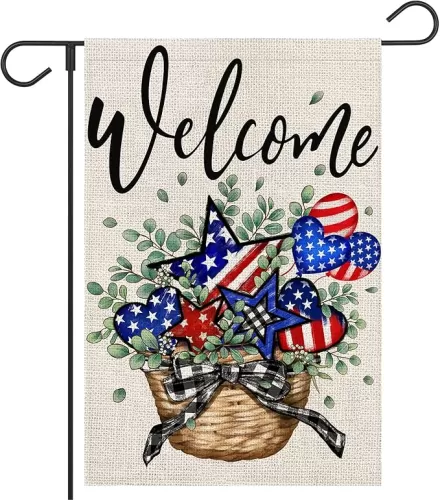 4th of July Welcome Garden Flag 12x18 Inch Double Sided Outside America Stars and Hearts Eucalyptus Independence Day Holiday Outdoor Yard Patriotic Decoration