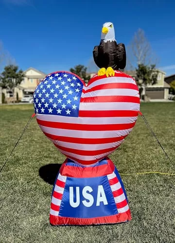 5 Foot Tall Patriotic Independence Day Inflatable Love Heart with American Flag and Eagle Decoration