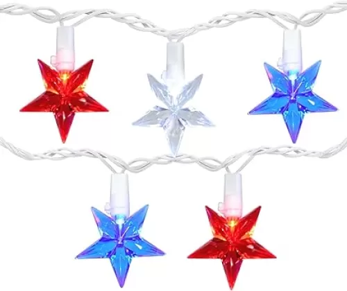 50 LED Red White Blue Star Lights, 18.5FT 4th of July Lights Plug in, Patriotic Decor Outdoor Star String Light for Home Patio Porch Garden Memorial Day 4th of July Decorations, White Wire