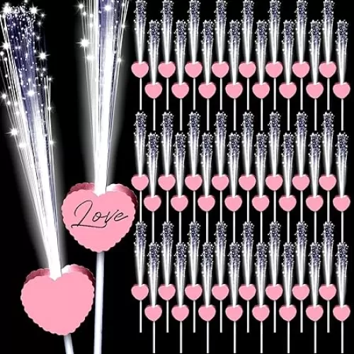 50 Pcs Wedding Sparklers Heart Shaped LED Glow Sticks Fiber Optic Wands Light up Wand with 3 Light Mode for Wedding Bridal Shower Birthday Glow in the Dark Party Supplies (Brown)