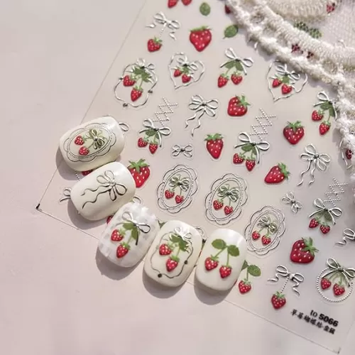 5D Strawberry Nail Stickers Summer Nail Decals Self-Adhesive Embossed Bow Heart Strawberry Nails Design Sticker Spring Summer Fruit Stickers for Women DIY Nail Decoration Nail Art Supplies Accessories