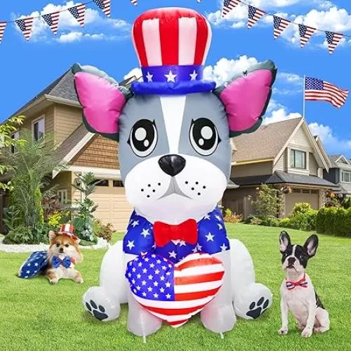 5FT Tall 4th of July Inflatable Puppy Bulldog with Heart American Flag Built-in 2 Bright Led Lights for Blow Up Patriotic Inflatables Outdoor Decorations