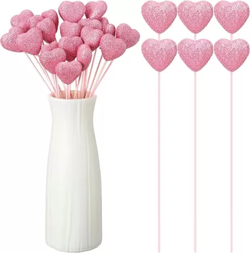 6 Pcs Glitter Foam Hearts Sticks Foam Heart Picks Sparkly Hearts Stems Puffy Heart Wooden Picks for Wedding Decorations Flower Arrangements Crafts (Pink)