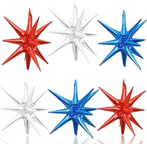 6 Pieces 27 Inches Red White Blue Star Explosion Balloons, Large 14-Pointed One-Piece Cone Stars Fireworks Aluminum Foil Balloons for 4th of July, Independence Day USA Patriotic Party Decorations