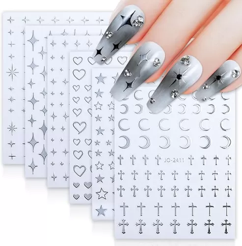 6 Sheets Silver Heart Star Nail Art Stickers Silver Star Sun Moon Cross Hollow Heart Nail Decals 3D Self-Adhesive Metallic Silver Star Love Hearts Nail Designs for Women Girls Nail Decoration 807-1