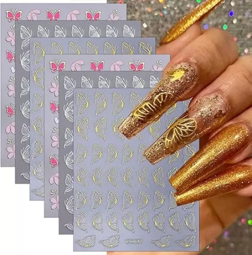 6 Sheets Spring Butterfly Nail Stickers White Gold Pink Butterfly Nail Art Stickers Summer Flower Nail Decals 3D Self-Adhesive Heart Nail Design Decals for Women Girls Manicure Nail Decoration