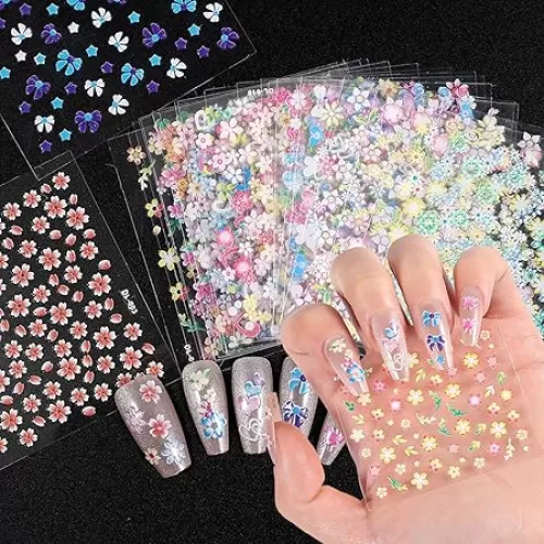 60 Sheets Colorful Nail Art Stickers Decals Ombre Flower Butterfly Hearts 3D Decorative Summer Nail Stickers Self Adhesive Must Have Nail Tech for DIY Design