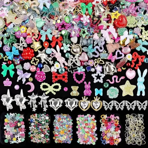 620pcs Mixed 3D Nail Charms Kit, 12pcs Luxury Metal Nail Rhinestones and 250pcs Resin Butterfly Flower Star Heart Bow Charms with 400pcs Flatback Pearls Rhinestone Metal Gems Charms (Mixed Color)