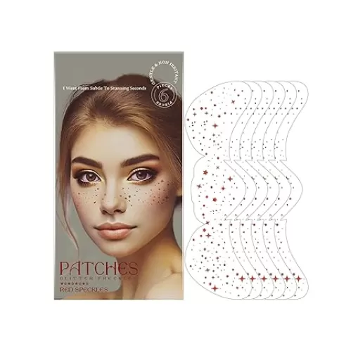 6pcs Glitter Red Speckles Face Tattoo, Red Makeup Patches Face Glitter Freckles, Faux Freckles Waterproof Temporary Tattoos, Glitter Freckle Patch Makeup gift for Festival Parties Accessories