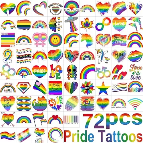 72 PCS Pride Tattoos, Rainbow Temporary Tattoos For Women Men Adults, LGBT Pride Face Tattoos, Heart Flag Rainbow Body Stickers, Gay Pride Accessories Parade Festival Celebrations Party