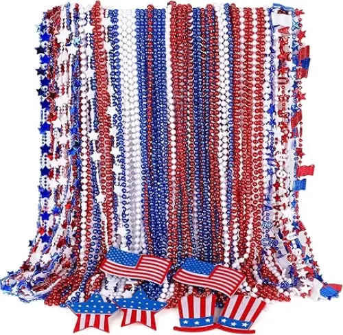 72PCS 4th of July Accessories, Independence Day Bead Necklaces, USA Hat Flags Pendant Patriotic Fourth of July Red Blue White Necklace, Metallic Necklace for Flag Day Parades Party Favors Decorations