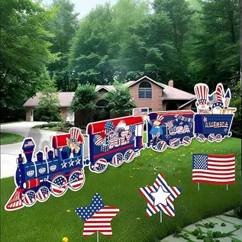7Pcs 4th of July Decorations Outdoor Patriotic Decor Red White and Blue Yard signs Garden Gnomes 4 th Fourth of July Yard Sign Waterproof for Lawn Independence Day