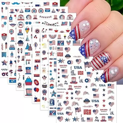 8 Sheets 4th of July Nail Art Stickers American Independence Day Nail Decals 3D Self-Adhesive Stars Fireworks Heart Nail Design Eagle Hats Nails Supplies for Women Girls Acrylic Manicure Accessories