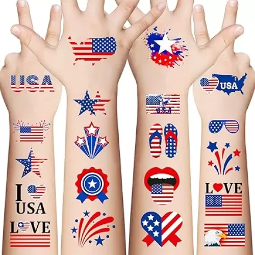 90Pcs Fourth of July Temporary Tattoos, American Flag Red White and Blue Fake Tattoo Stickers, 4th of July, USA Party Favors, Memorial Day, Independence Day, Labor Day Decorations Party Supplies