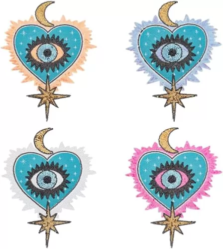 AHANDMAKER 4Pcs Large Heart Eye Beaded Patches for Clothes, 4 Colors Heart Evil Eye Sequined Patch with Moon Star Sew on Beaded Applique for Clothes Jeans Jackets Bags Embroidery Garment Accessory