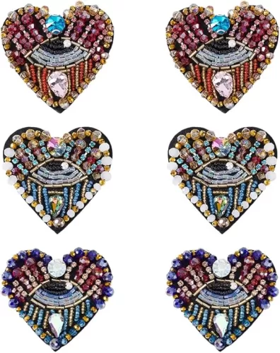 AHANDMAKER 6pc Eye Beaded Patches - 3 Color Rhinestone Applique Evil Eye & Heart Shaped Sequined Patch Beaded Applique for Fabric Decor