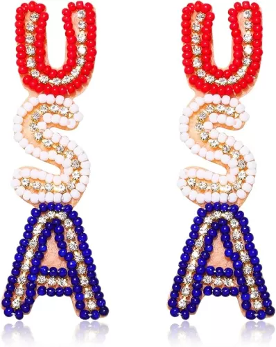 American Flag Earrings - Beaded Heart Star Flag Dangle Drop Patriotic Earrings for Women - Handmade Independence Day & 4th of July Holiday Gifts