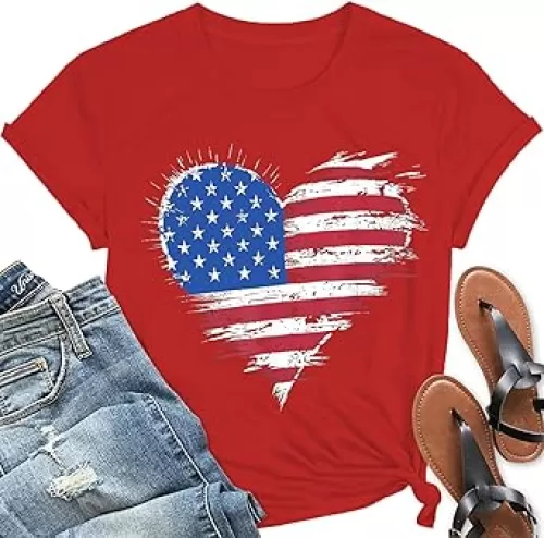 American Flag Heart Shirt for Women 4th of July Patriotic Tee USA Flag Tops