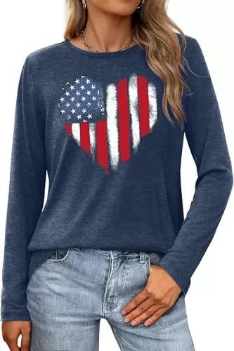 American Flag Shirts for Women 4th of July T Shirt USA Stars Stripes Patriotic Tops Casual Long Sleeve Tees