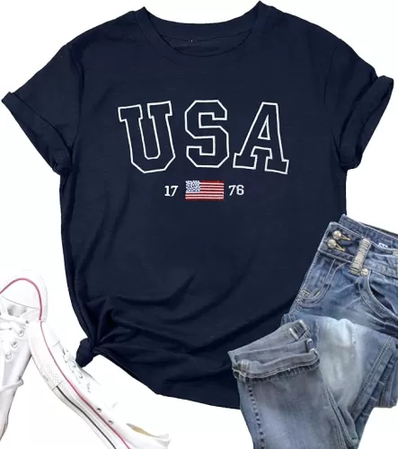 American Flag Shirts Women 4th of July Tshirt USA Flag Shirt USA Embroidered Tee Patriotic Tops Short Sleeve