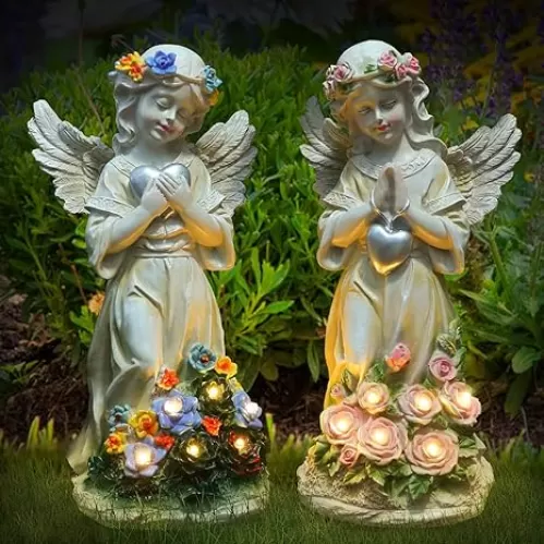Angel Garden Statue 2Pcs, Love Heart Solar Garden Decor with Warm Light, Waterproof Praying Angel Statue with Flowers, Outdoor Garden Decor Sculpture for Lawn Yard Patio Garden Gifts, Apricot